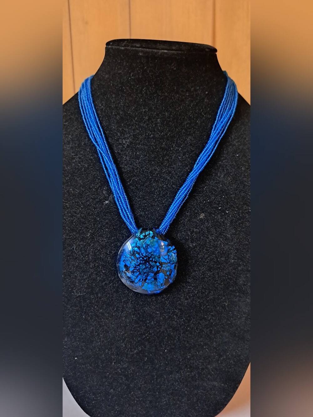 Gorgeous Seed Bead Art Multi Strand Blue Blown Glass Round Pendant Necklace